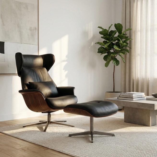 将这把黑色皮面搭配木质边缘的休闲椅及同款式脚凳放入现代简约风格的休闲客厅场景中，有一缕温暖的阳光照射在椅子上，整体氛围舒适放松，保持椅子和脚凳的原有外观、结构、材质完全不变，光影自然贴合预览效果