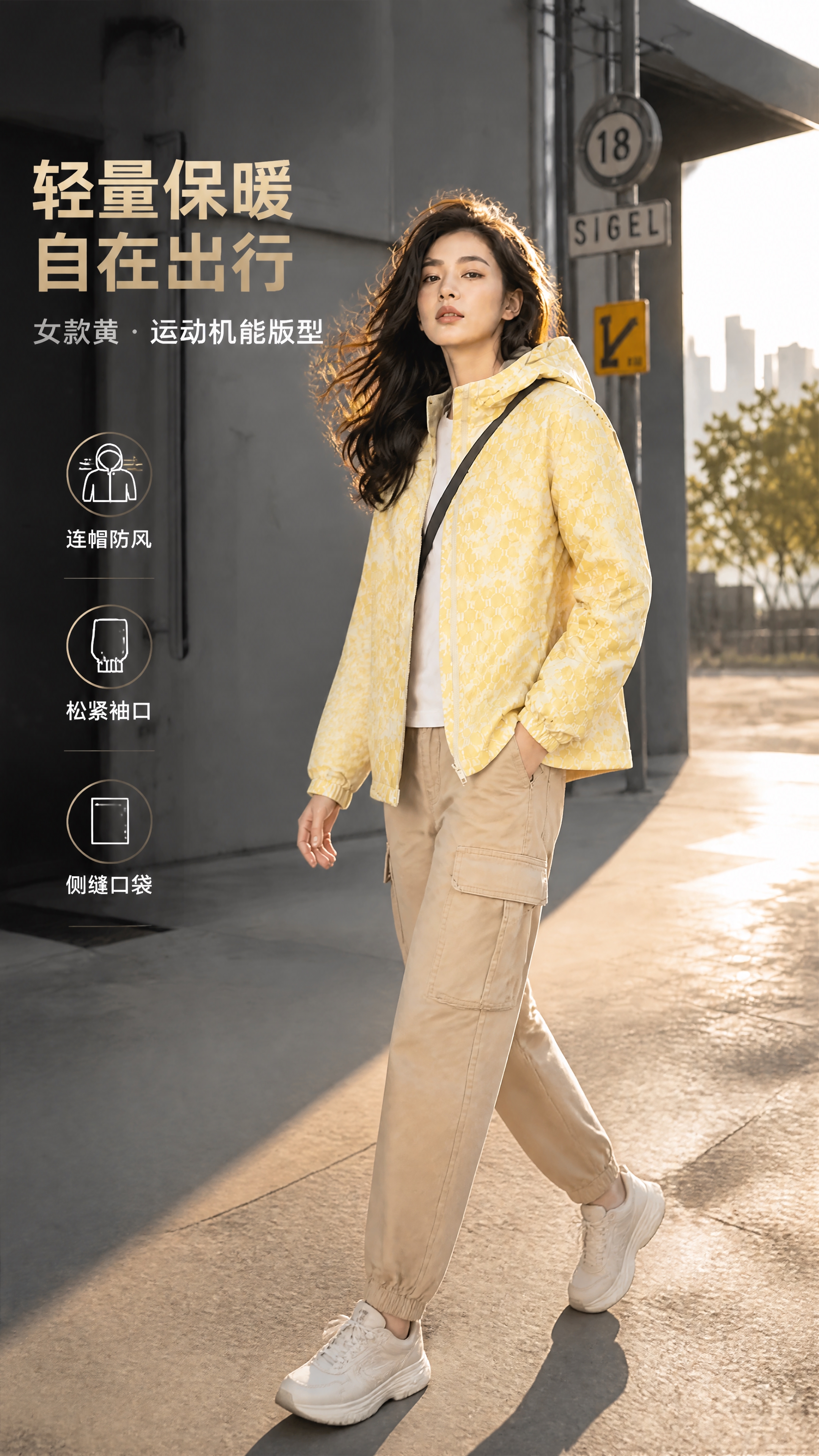 [第3张] 女款黄色模特场景展示页。本张使用【图1】女款黄色外… - 图片创意预览