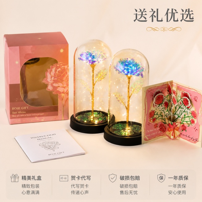 [主图-5] 礼盒配件展示 永生玫瑰小夜灯
[氛围风格] 完整礼品展示 安心决策
[画质] 清晰商业摄影 摆放整齐 信息清楚
[元素] 产品展示全家福：永生玫瑰小夜灯、粉色礼盒、立体贺卡、说明书整齐摆预览效果
