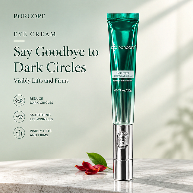 [单张主图] PORCOPE 红花紧致眼霜，高级氛围感路线，亚马逊跨境1:1主图，同时承担点击、理解、信任与转化。画面以产品为绝对视觉中心，突出淡化黑眼圈、抚平眼纹、提拉紧致三大核心功效，整体呈现高端护肤品牌的专业与奢华质感。

[画面主体] 产品为一支金属绿渐变软管眼霜，管身上半部分为亮面金属祖母绿，向下渐变过渡为浅薄荷绿金属质感，底部为银色金属按摩头底座，管身正面印有白色 PORCOPE 品牌Logo、SAFFLOWER FIRMING EYE CREAM 字样、Hydrates & Illuminates 小字以及 e0.71 oz / 20g 容量标识。产品竖直居中偏右放置，占画面约45%-50%，完整不裁切，保持与输入产品图完全一致的外观、颜色、结构、Logo和材质细节。管身呈现真实的金属高光反射，曲面弧度自然，底部银色按摩头有细腻金属拉丝质感。

[构图版式] 采用「左文右物场景型」高级感版式。左侧大面积留白放置品牌与文案，右侧产品放大为视觉主体，底部用浅灰色石材台面承托，营造悬浮与稳定兼具的静物摄影感。画面四周留有充足呼吸感，信息克制不拥挤。

[场景元素] 背景为低饱和度的浅灰绿到米白色的柔和渐变，干净通透。产品底部放置一块浅灰色哑光石材台面，台面有极淡的纹理和柔和的产品投影。产品左下方点缀2-3片新鲜的藏红花花瓣与一片细小绿叶，作为成分暗示，体量极小，不抢主体。背景右上角有极淡的窗棂斜射光影，增加空间层次与自然光感。整体氛围纯净、高级、有科研感。

[文案版式] 所有可见文字均为英文，字体选用现代优雅的细衬线体，字重克制，靠留白与对齐分层级。左上角放置小号品牌名「PORCOPE」，下方是稍大的品类词「EYE CREAM」。左中部是主标题，分两行排列：第一行「Say Goodbye to」，第二行「Dark Circles」，字号最大，为画面第一文字层级。主标题下方是一行副文案「Visibly Lifts and Firms」，字号约为主标题的40%。左下角纵向排列3组轻量图标卖点，每组为一个细线图标加一行短文案，从上到下依次是：黑眼圈图标 + 「REDUCE DARK CIRCLES」、细纹图标 + 「SMOOTHING EYE WRINKLES」、提拉图标 + 「VISIBLY LIFTS AND FIRMS」。图标为细线风格，颜色为深灰绿色，与整体调性统一。所有文字均放在左侧留白区域，不压产品、不挡Logo。

[光影质感] 采用高端商业摄影柔光布光，主光源从左上方45度斜射，在管身金属绿表面形成柔和的长条高光带，银色底座有清晰的环境反射。产品底部有自然柔和的接触阴影，落在石材台面上，阴影边缘虚化，真实不生硬。整体光影干净通透，无硬边阴影，体现产品的奢华金属质感与护肤品类的水润纯净感。景深较浅，背景轻微虚化，突出产品主体。

[配色字体] 主色为浅灰绿渐变背景 + 米白过渡；辅助色为产品金属祖母绿与银色；强调色为深灰绿色文字。字体统一使用一种细衬线体，主标题字重中等偏细，辅助文案更细，图标说明文字为小号无衬线体，整体字重克制，不靠粗体制造冲击。文字与背景对比度适中，清晰可读但不刺眼。

[比例分辨率] 1:1 正方形比例，2K分辨率，文字清晰可辨，产品细节锐利。

[负向提示词] 产品变形、管身扭曲、Logo错误或模糊、文字错字糊字、多余水印、平台Logo、杂乱背景、廉价感、强描边、过度锐化、悬浮无投影、产品被遮挡、肤色不均、人物面部、夸张促销元素、中文文字、边框装饰、多余道具堆砌