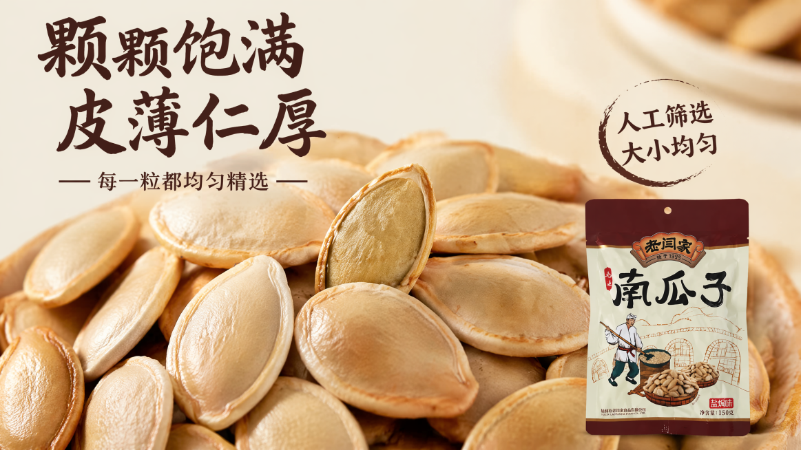 [第3屏] 颗粒品质展示屏-老闫家南瓜子颗粒质感特写。
[氛围/风格] 微距食欲风，高清晰颗粒质感，暖调光影突出酥脆感。
[元素布局] 画面主体为平铺饱满的盐焗南瓜子颗粒，单个颗粒放大展示，占屏超过6预览效果