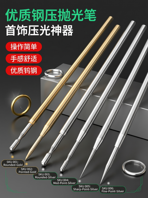 [商品全貌多角度SKU展示]展示全套6款不同型号的首饰压光笔整体排列，标注每个款式SKU名称颜色。氛围风格专业五金工具陈列，画质商业摄影清晰真实高级。保持产品外观结构材质与原图一致，去除所有原品牌lo预览效果