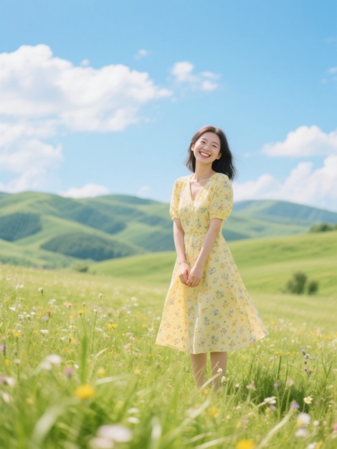 在阳光明媚的夏日午后，一位长相清新甜美的年轻女子站在一片开满野花的广阔草原上，她微微歪着头，嘴角上扬露出灿烂的笑容，眼神明亮而有神，双手自然地放在身前，穿着一件淡黄色的碎花连衣裙，裙摆随着微风轻轻飘动，背景是连绵起伏的绿色山丘和蔚蓝的天空，白云朵朵，光线明亮柔和，营造出一种轻松愉悦、充满活力的氛围，整体画面色彩鲜艳明快，构图采用三分法，人物位于画面中央偏右位置，具有强烈的视觉引导线，景深控制得……预览效果