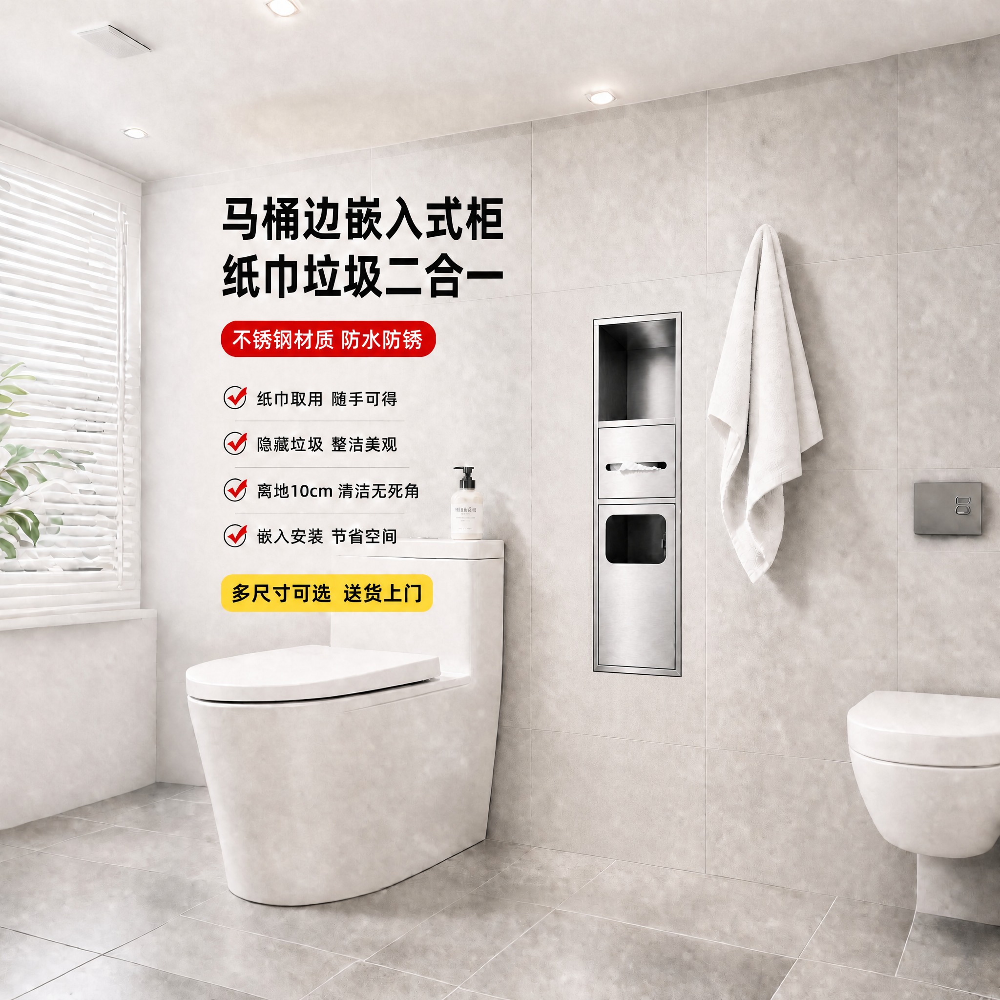 保持卫生间整体场景、白色马桶、左侧所有文字标题和卖点内容、墙面… - 图片创意预览