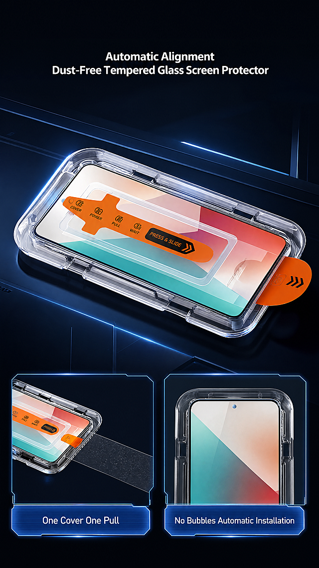 [Screen 1: Main Visual] This screen uses [Image 1] as product main body, keep structure, material, color same as input. It is header for iPhone dust-free compartment tempered glass screen protector cross-border detail page. Title: "Automatic Alignment Dust-Free Tempered Glass Screen Protector". Dark sci-tech style, professional objective, simple layout, commercial photography. Product in center, takes 65% area. Top for title, bottom two core selling points with blue luminous labels. Deep dark blue background with subtle light lines. Left top soft main light, natural bottom right projection, clear edges. Global BG: #121826, product transparent, accent #348eda blue + white text. Front slightly elevated angle, centered. Top center title, 12% screen width, white bold. Bottom selling points: "One Cover One Pull", "No Bubbles Automatic Installation", blue labels, no cover product. 9:16, 4K, all English, clear text. Negative: deformed product, missing parts, Chinese characters, blurry text, watermark.
