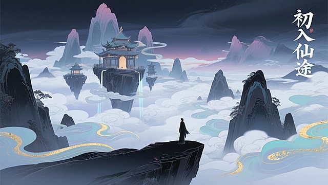 参考仙侠场景图，生成一张游戏开局场景，修仙风格，区别大点