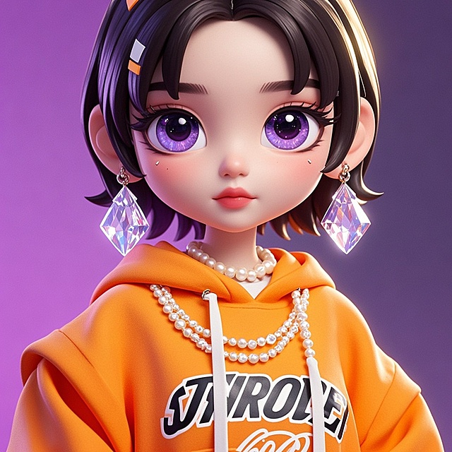 软3D风动漫少女，融合可爱与时尚感，珍珠肌理配饰搭配玻璃风耳坠，橙色连帽衫呼应潮流元素，梦幻紫色背景营造梦幻氛围。