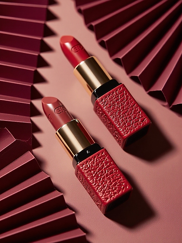 酒红色层叠纸艺背景，精细光影凸显浮雕膏体，营造高贵典雅、具东方美学的高端氛围，主体光影效果