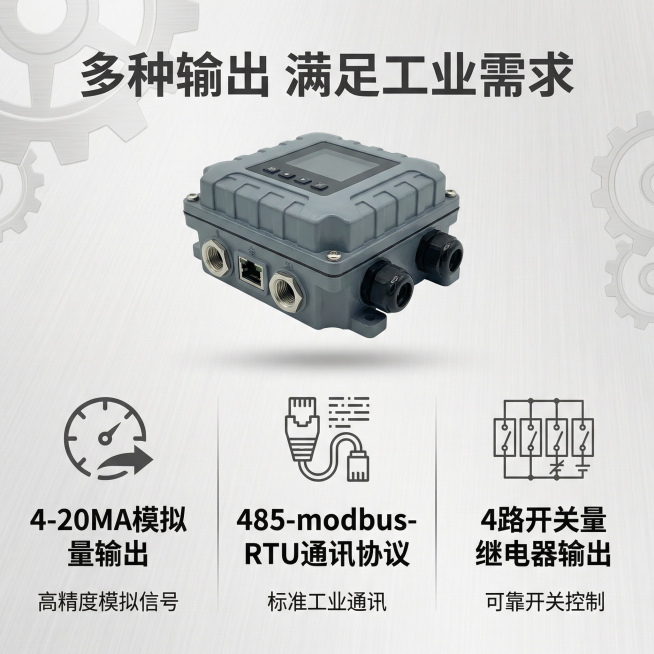 [主图2]核心卖点拼图，上半部分放置产品整体图，下半部分分三栏展示核心输出功能卖点：左 "4-20MA模拟量输出"，中 "485-modbus-RTU通讯协议"，右 "4路开关量继电器输出"。背景浅灰预览效果
