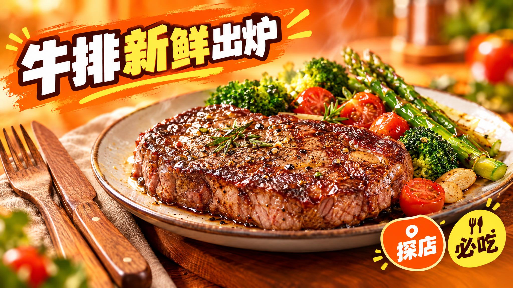 活力美食风格海报，16:9横版比例，暖橙色渐变背景且背景虚化处… - 图片创意预览