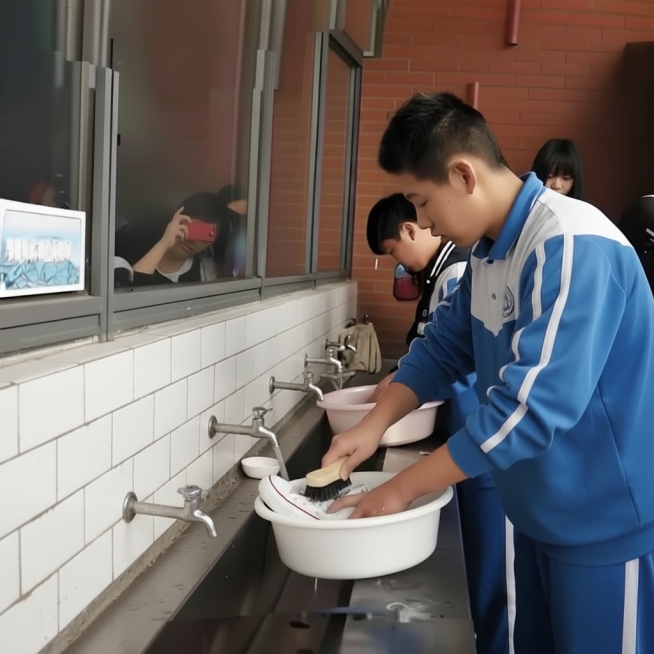 帮我在场景图中的红墙面变成白色的瓷砖墙面，学生的衣服换成蓝白相间的校服预览效果
