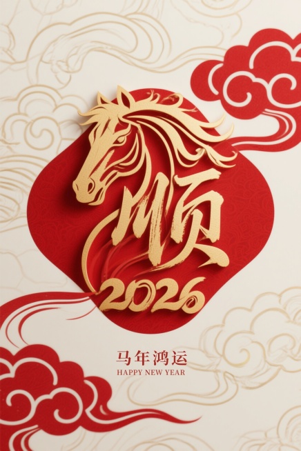 传统中国风结合现代平面设计，马年海报，传统祥云纹和新年元素图形设计。抽象纯金色的马头与金色“顺”字巧妙融合，抽象草书，新颖夸张构图，大写意，采用细腻的曲线相互交织，构建出富有层次感的立体图案。背景是精预览效果