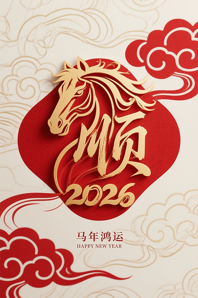 国潮风剪纸与鎏金浮雕结合，马首造型灵动，红金配色尽显喜庆与中式韵味，祥云点缀，传递2026马年鸿运祝福。
