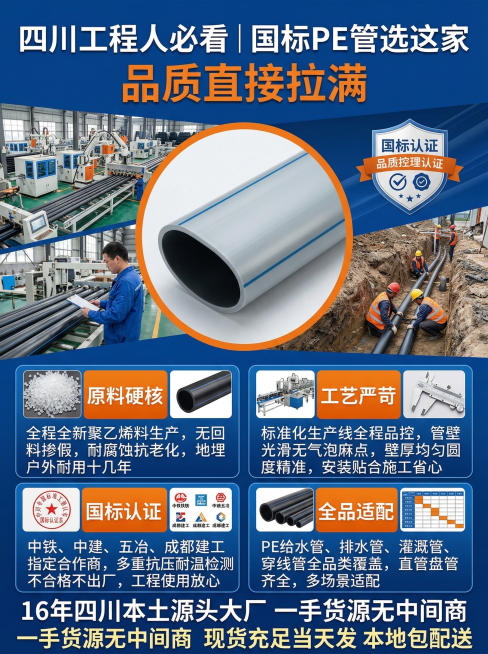 四川国标PE管品质宣传系列海报，工业蓝橙配色，画面主视觉展示光洁平整的PE管特写，搭配工厂生产线、资质认证、工程应用场景的组合元素，顶部醒目标题"四川工程人必看｜国标PE管选这家 品质直接拉满"，分板预览效果
