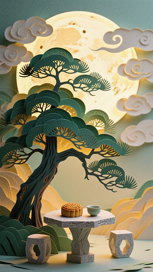 🌕纸雕月下古松，石桌茶饼诗意满满🍵