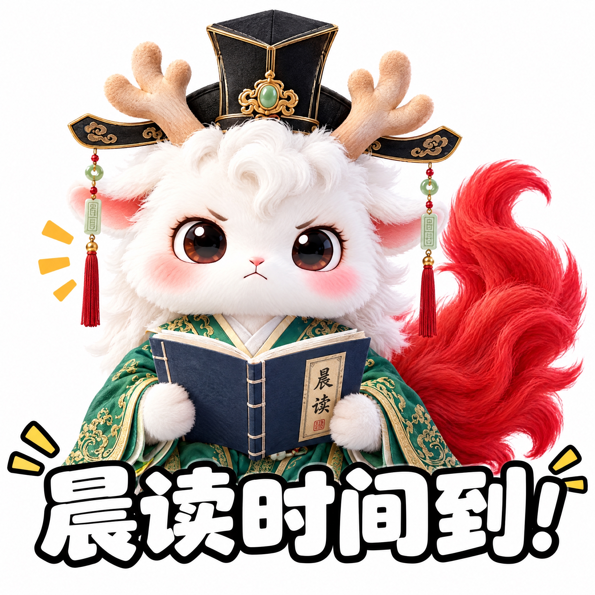 参考图中的白色鹿角神兽（穿绿色汉服、戴黑色官帽、红色尾巴），做… - 图片创意预览