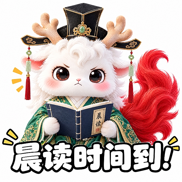 参考图中的白色鹿角神兽（穿绿色汉服、戴黑色官帽、红色尾巴），做成可爱表情包风格，神兽做出认真严肃的表情，下方配白色粗体字带黑色描边："晨读时间到！"，纯白色背景，3D毛绒质感，Q版可爱风格，表情包构图，正方形画面