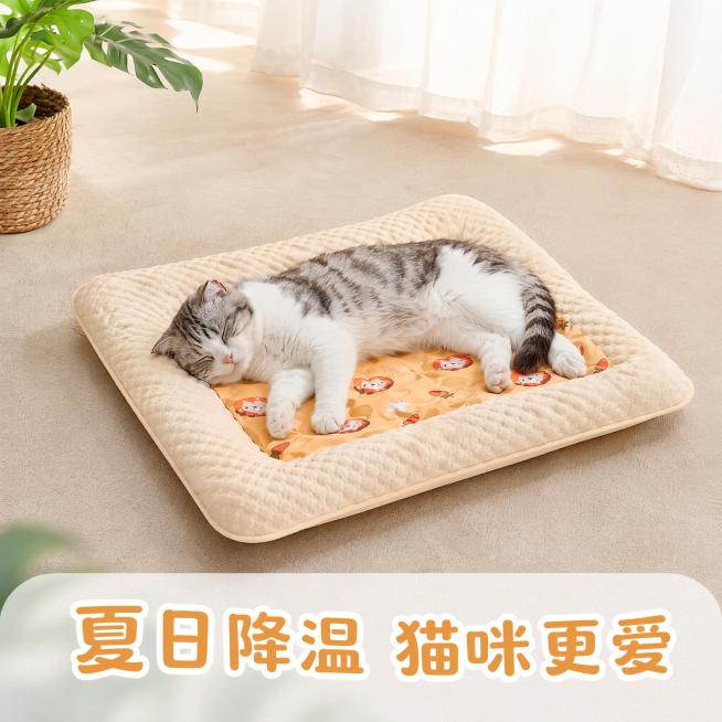 「图片1」生成电商主图（5张），商品名称宠物冰垫，适合抖音平台，单图比例1：1，卖点是亲肤面料＋pvc冰垫，可拆洗，风格是真实家居治愈风预览效果