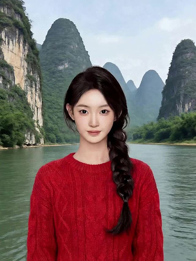 画面里的这个女生在面向镜头，向大家介绍她身后的桂林山水，她站在河水前，旁边河上漂浮着许多竹筏，河水装点着红色河灯，女生用福州方言热情介绍：「新年好哟，桂林山水甲天下，在桂林一起过年，年年都如意啵！」，整体画面年味浓郁、氛围感拉满，光影温暖喜庆，适配春节新春氛围。