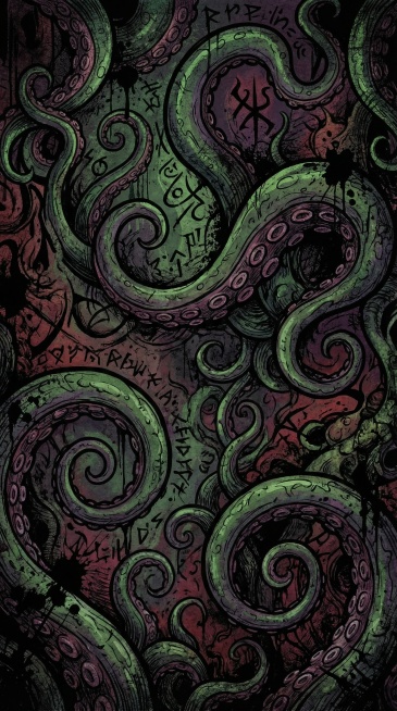 生成一张9:16的背景，采用克苏鲁风格，暗黑涂鸦插画风格，带有章鱼触手和暗纹纹理，保持和参考图一致的手绘涂鸦质感，只有纯背景，不要主体图案预览效果