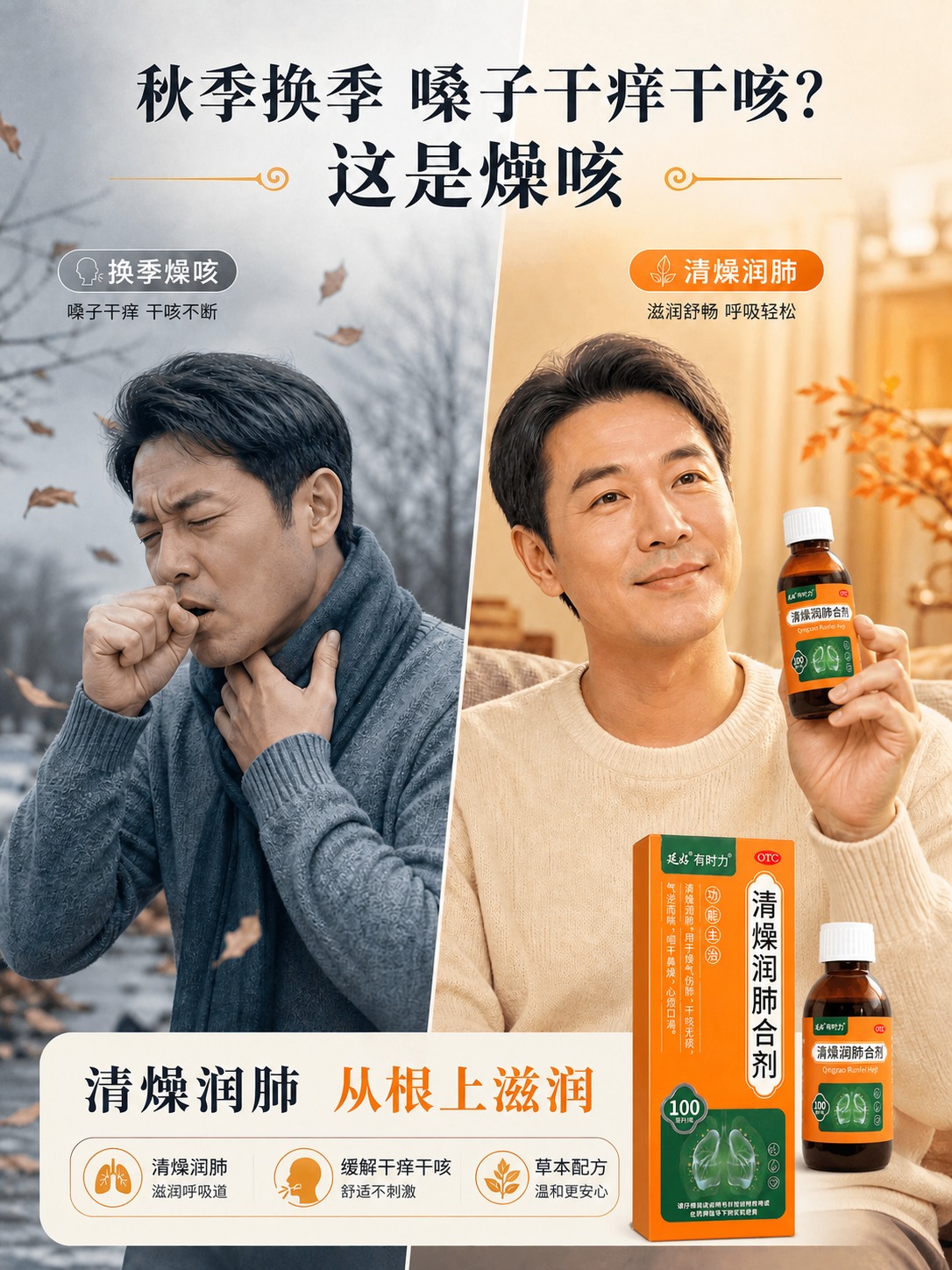 使用【图1】秋季燥咳对比海报作为版式与背景参考；使用【图2】清… - 图片创意预览
