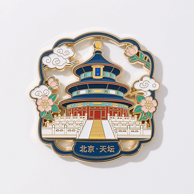 金属珐琅冰箱贴，中国风，北京天坛造型，祥云、花卉装饰而成，不规则边框，镂空设计，下方小字写着“北京·天坛”，配色鲜艳明亮