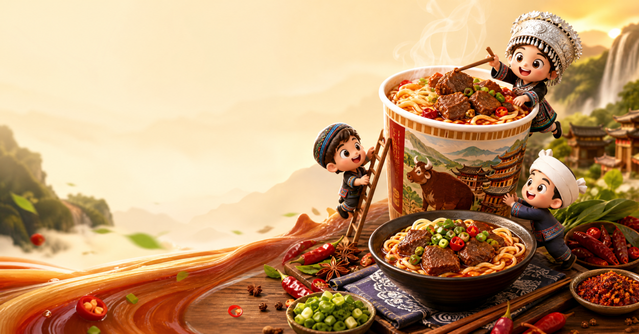 贵州花溪牛肉速食粉宣传banner，画面右侧是贵州花溪牛肉速食粉产品为主视觉，搭配几个可爱的3D小人与之互动，左侧预留大面积空白区域用于后期添加文字，不需要添加任何文字，背景根据产品画面进行设计，整体预览效果