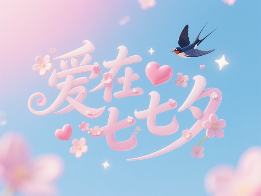 “爱在七夕”，Q萌3D立体字体，文字边缘缀有梦幻花瓣和立体爱心，喜鹊、蝴蝶、小星星围绕漂浮，背景是粉蓝渐变天空与柔焦光晕，整体如童话般梦幻甜美，立体效果清晰柔和预览效果
