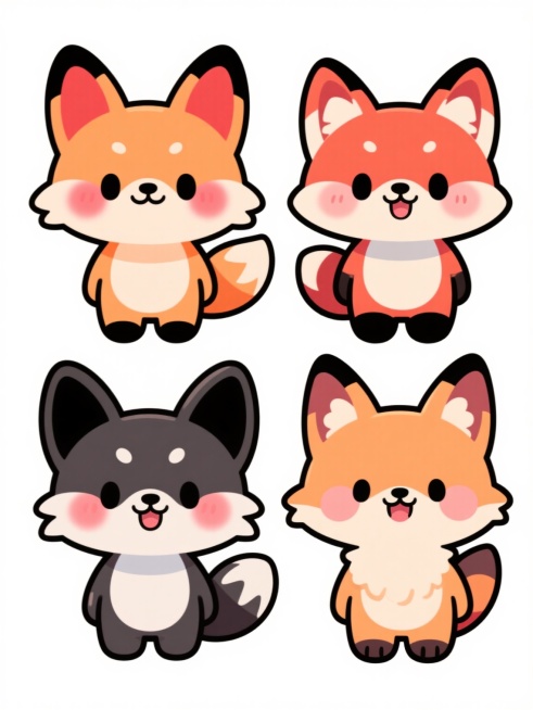 四个不同品种、不同样式、不同造型的狐狸，保持Q版可爱动漫风格，圆润的身体比例，大而圆的耳朵，脸颊有红晕，黑色描边线条，明亮鲜艳的色彩，柔和的渐变阴影，白色背景，排列整齐，每个狐狸姿态各异，表情生动，萌系设计，卡通插画风格，简洁背景，突出主体，可爱的动物角色设计。预览效果