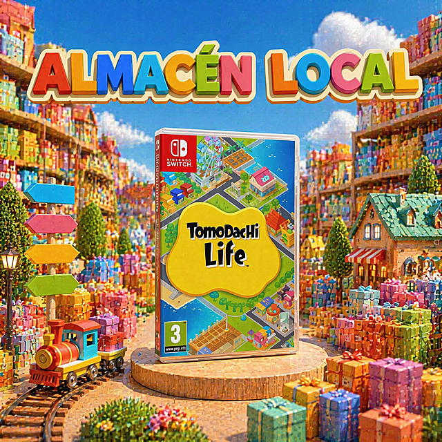 产品放在画面中间，“ALMACÉN LOCAL”文字放在画面上方中间并保持在一行，保留色彩缤纷的迷你社区仓储世界，大量彩色房屋形状包装箱整齐堆叠，仓库货架被设计成童趣小镇街道，小火车运输包裹，彩色箭头路标，礼物盒堆积如山，彩色卡通立体字，整体氛围欢乐、丰富、治愈，真实摄影与CG结合，高点击率Temu广告风格，产品主体清晰突出，占画面35%-45%，不出现IP角色，不出现原游戏地图，不出现其他文案，去除背景噪点，让背景干净清晰。