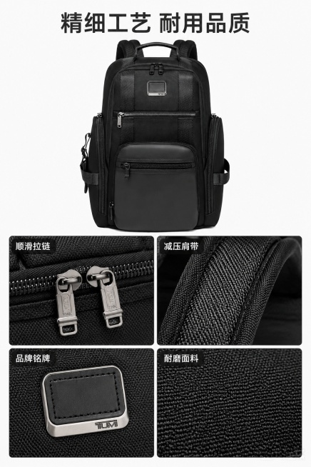 [第4屏] 工艺细节展示页-黑色商务双肩电脑背包面料与五金细节。本屏使用【图1】作为商品主体。
[标题版式] 上方居中横排标题，下方2×2宫格展示细节，标题细体加粗，宫格加浅灰色细边框。
[氛围/风格预览效果