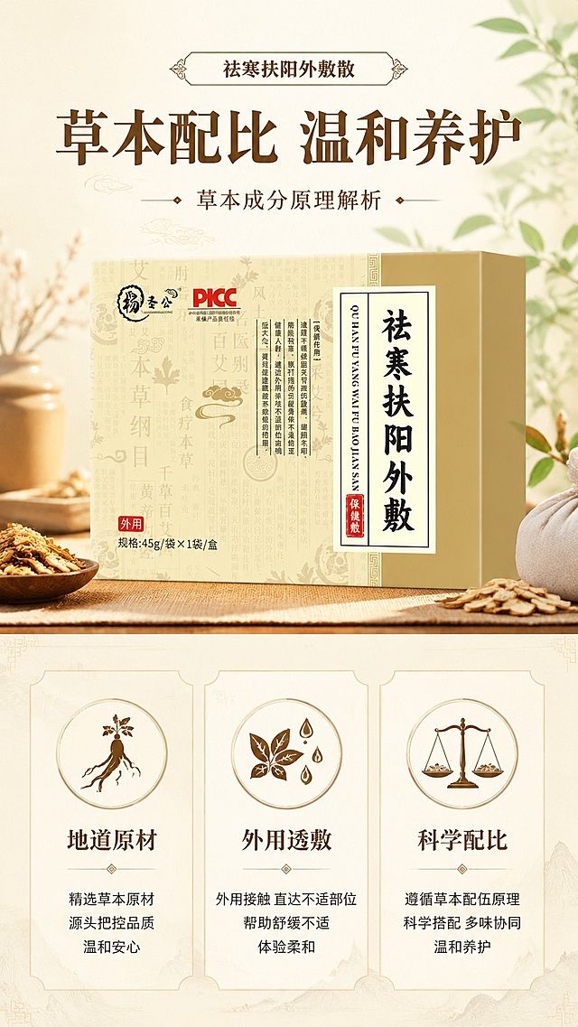 [第3屏] 详情页功效结构解析-祛寒扶阳外敷散草本成分原理。本屏使用【图1】作为产品主体。
[氛围/风格] 中式养生风，浅暖底色搭配草本植物装饰，天然温和的氛围，清晰专业。
[元素布局] 产品放置于画面上半部分，占比约50%；下半部分分三格展示核心草本优势，每格配图标+简短说明；产品包装信息保留与原图一致，整体布局舒朗不拥挤。
[光影质感] 均匀柔光照明，整体通透自然，各区块光影层次清晰。
[配色色系] 全局底色 #F8F2E4；主色暖棕，辅助色浅绿草本装饰色、米白色块底。
[视角构图] 上下分栏构图，上产品下说明，竖向阅读动线流畅，整体重心居中。
[文字版式] 顶标题「草本配比 温和养护」，下方三格分别标注：「地道原材」「外用透敷」「科学配比」，每个说明配简化植物图标，文字大小一致清晰，不做过度渲染。
[比例分辨率] 9:16 竖版比例，4K分辨率，文字清晰可辨，高清画质。
[负向提示词] 产品变形，文字错乱，颜色偏差，虚假宣传，极限词，水印，背景杂乱