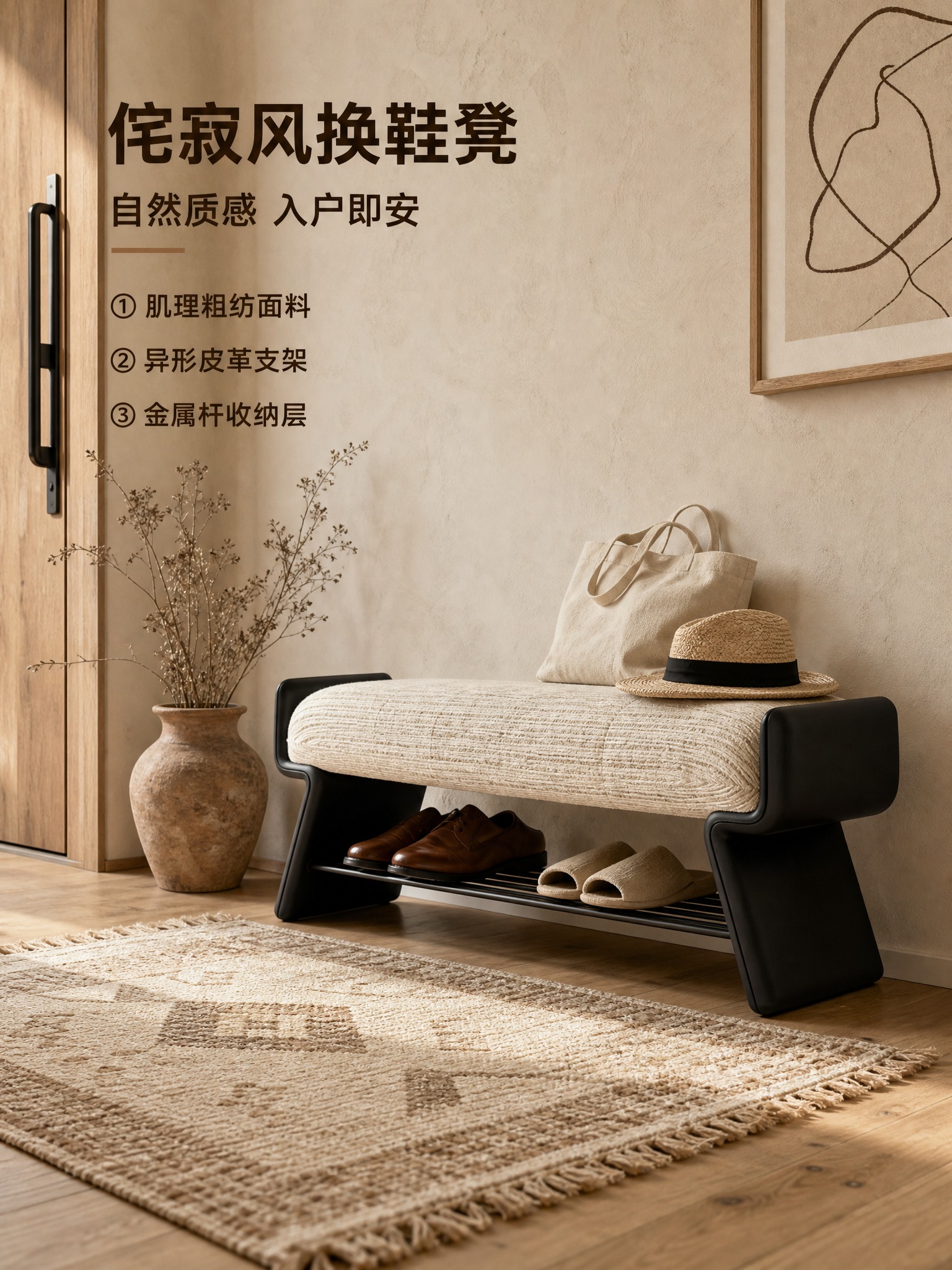 将背景替换为侘寂风入户玄关场景，产品保持原样不变，换一个45°… - 图片创意预览