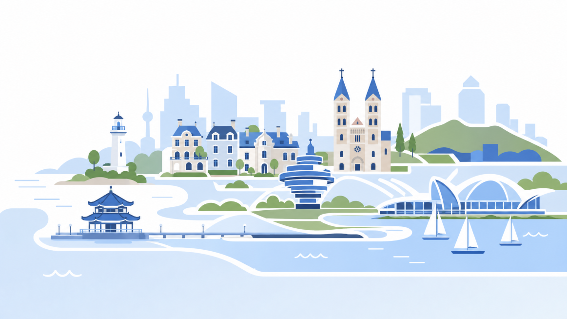 参考参考图的极简扁平几何风格，生成长方形青岛景点导览图，使用蓝白绿色调，块面化简约设计，展示青岛标志性景点建筑，简洁干净的插画风格预览效果