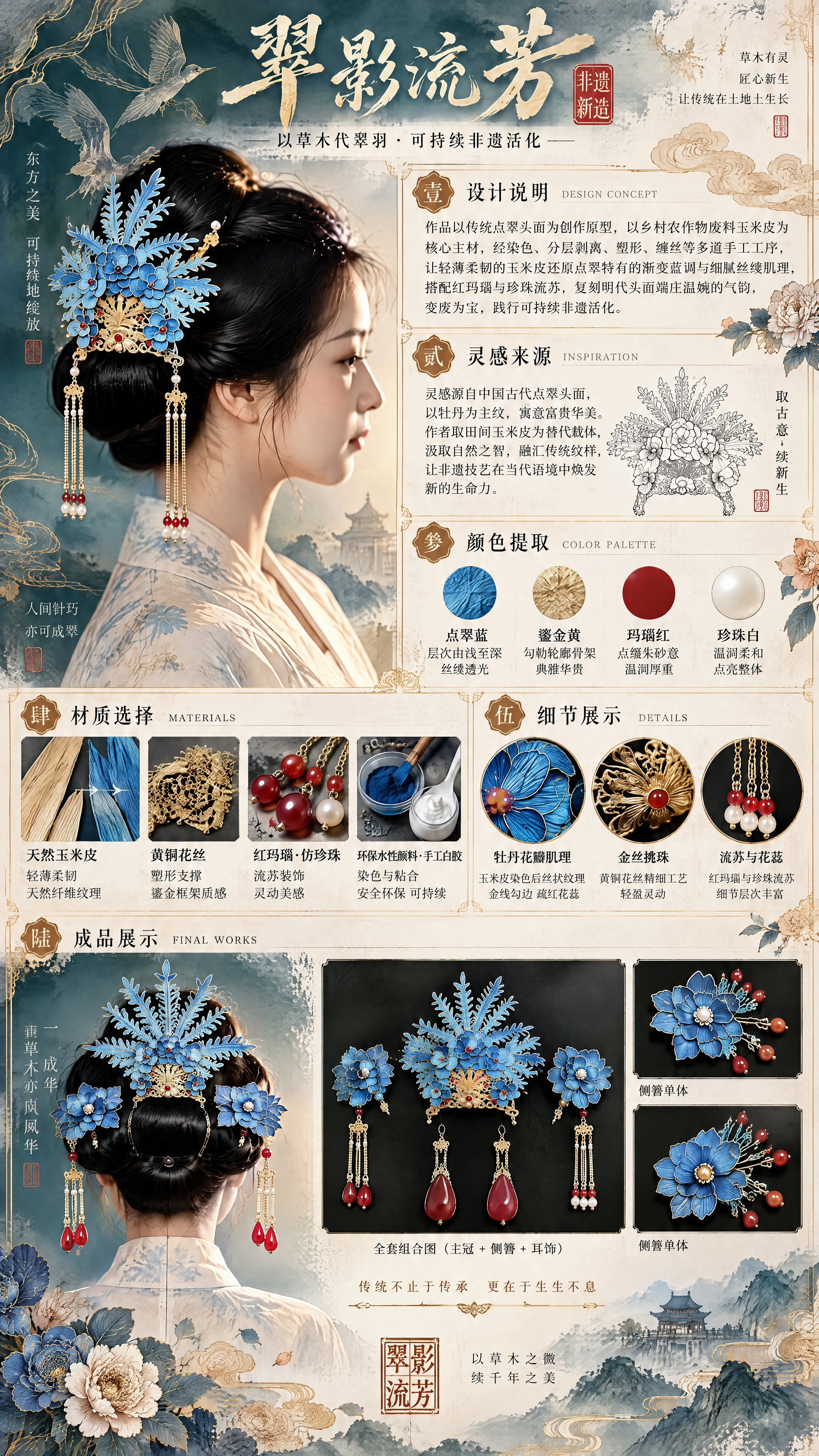 将《翠影流芳》海报按后续分页提供的颜色与元素进行升级设计（9:… - 图片创意预览