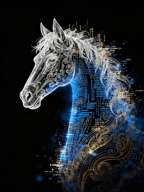 神兽马头像，纯黑背景，国风奇幻流派，线稿插画风格，黑红冷色调，中景正构图，细节繁复（线条肌理、神兽纹饰），精致、极细的白色线描钢笔画形象，画面干净，优秀平面设计作品，前卫先锋新中式海报，大师级排版，形预览效果