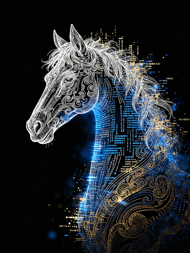 赛博朋克风马首，融合未来感与科技感，鎏金线条勾勒神秘轮廓，粒子光效交织虚拟现实，光影流动间尽显梦幻与金属质感。