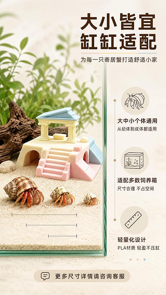 [商品] 使用【图1】躲避屋作为尺寸参照，云涧彩款；保留结构比例。
[画面] 尺寸适配说明页，左图右文结构。左侧约55%是饲养缸内场景，躲避屋旁边有三只不同大小的寄居蟹（大/中/小）作为尺寸参照，展示产品适合不同体型的寄居蟹。旁边有淡淡的尺寸线示意（不标注具体数字，用相对比例展示）。右侧约45%是适配信息区，竖排三个适配说明，每个配图标：
1. 寄居蟹图标 + "大中小个体通用" + "从幼体到成体都适用"
2. 缸体图标 + "适配多数饲养箱" + "尺寸合理 不占空间"
3. 标尺图标 + "轻量化设计" + "PLA材质 轻盈不压缸"
底部还有一行"更多尺寸详情请咨询客服"。背景是浅米色沙底+虚化绿植。
[视觉] 套系策略：风格=高级写实自然风商业摄影；标题字=现代无衬线粗体；正文字=简洁无衬线体；主色=沙米色+深绿植物色；背景延展=沙底+虚化绿植；强调色=马卡龙色；标题色=深棕褐色；正文色=中褐色；组件=细线图标、细尺寸线；光影=均匀柔光。
[文字] 右上主标题"大小皆宜 缸缸适配"，副标题"为每一只寄居蟹打造舒适小家"。右侧三个适配点文字清晰。
[规格] 9:16竖版，2K，信息清晰。负向：变形、错字、模糊、尺寸标注错误、寄居蟹畸形。