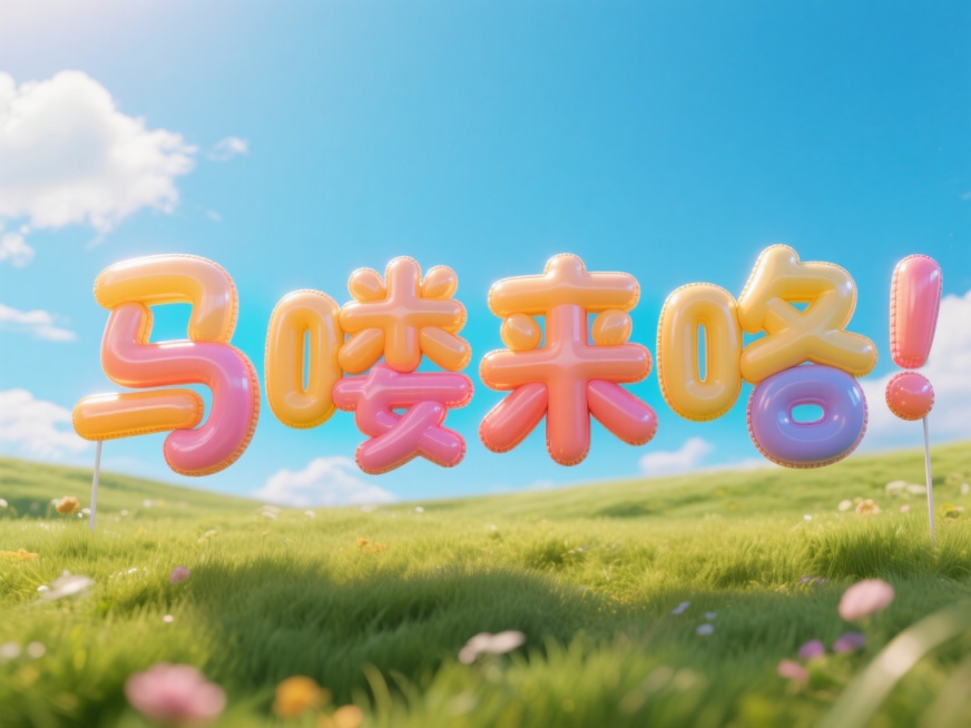 “马喽来咯”的充气大字，天空草地背景预览效果