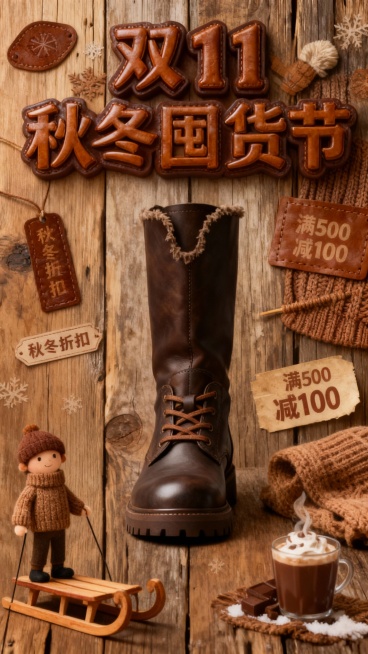 复古级设计，美式复古拼贴海报，以怀旧木质纹理（点缀复古暖棕插画）为背景，视觉中心是参考图靴子，上方是复古棕3D皮革字体 “双11  秋冬囤货节”，周围环绕棕色复古皮标、针织纹理装饰、秋冬风促销标语、复预览效果