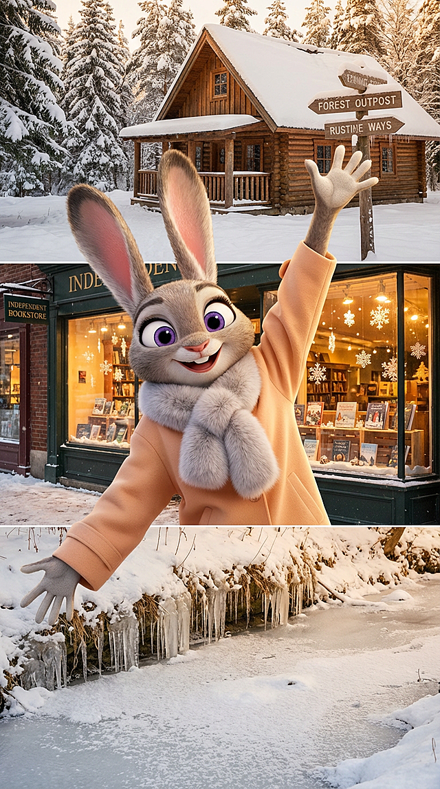 卡通感与软3D风融合，拟人化兔子在冬日小镇中欢快挥手，光影柔和，营造温馨梦幻的节日氛围。
