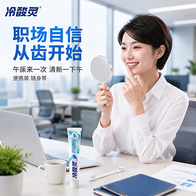 [主图-3] 冷酸灵井盐爽白牙膏 办公室职场清新 自信社交场景
[氛围风格] 职场精英 自信干练 现代办公 蓝白专业调
[画质] 商业职场摄影质感 光线明亮专业 产品清晰真实 氛围干练
[元素] 画面为现代办公室场景 白色办公桌上 一位职场女性（穿白色衬衫 干练短发）正对着小镜子微笑 检查牙齿 手边放着冷酸灵井盐爽白牙膏（小支便携装）和牙刷 保持牙膏外观与输入产品图绝对一致 杜绝变形色差。办公桌上还有笔记本电脑 咖啡杯 绿植 文件夹。背景是模糊的开放式办公区 有落地窗和城市景观。整体营造职场女性午饭后清新口气 自信社交的场景。
[光影] 窗边自然光+办公室顶光 光线明亮专业 人物皮肤通透 产品表面有自然光 整体明亮干练 阴影柔和
[配色] 主色白色 浅蓝 辅色木桌棕 绿植绿 咖啡棕
[视角构图] 45度斜侧平视 办公桌场景 人物在右侧 产品在左前景 满屏无边框 景深较浅 背景虚化
[文字版式] 左上负空间左对齐 主标题大字"职场自信 从齿开始" 蓝色粗体无衬线最大号。下方辅助文案"午后来一次 清新一下午" 灰色中号。再下方小字"便携装 随身带"。左上角冷酸灵品牌Logo。文字清晰可读 不遮挡人物脸部和产品主体。
[输出要求] 1:1比例 文字清晰可辨 超高清商业摄影质感
[负向提示词] 变形 文字错乱 产品模糊 背景杂乱 水印 电商平台Logo