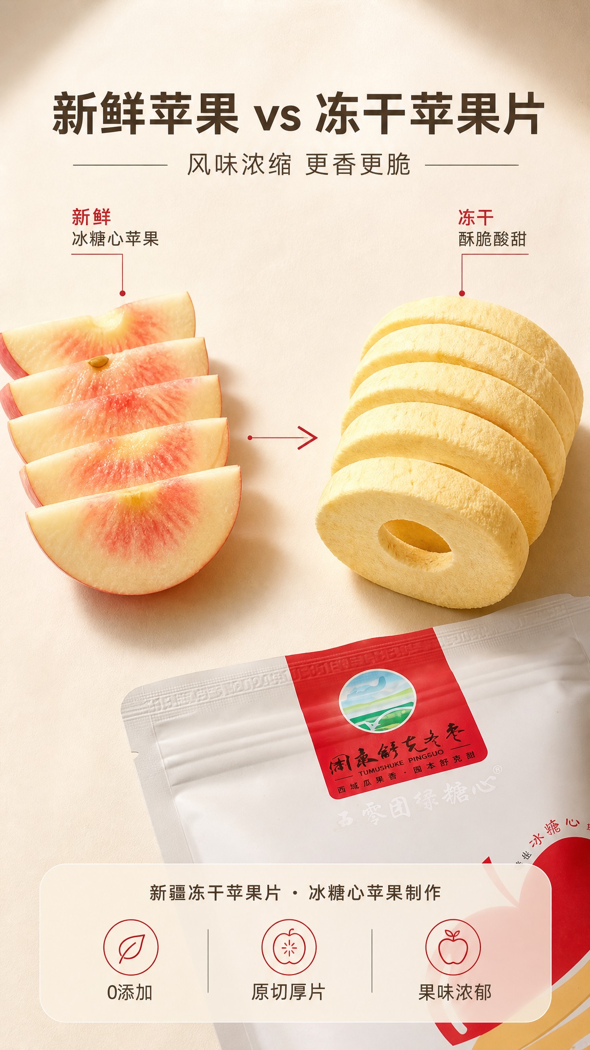 使用图一的手持苹果冻干圈实拍和图二的包装袋实拍，制作一张9:1… - 图片创意预览