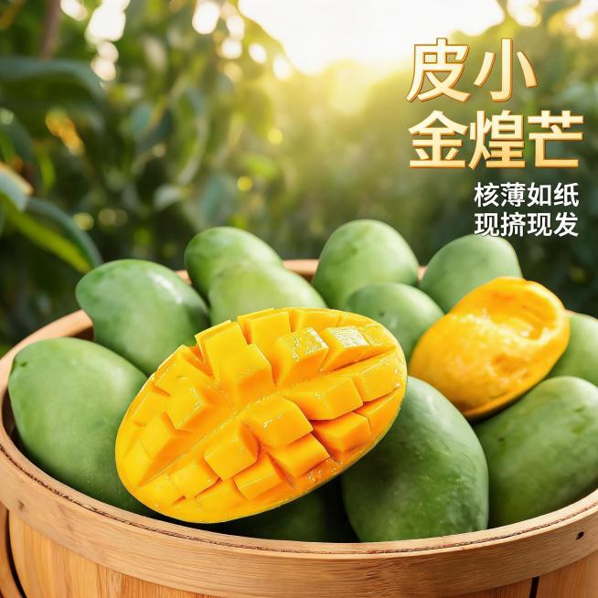[主图-1] 皮小金煌芒首图，果盘陈列展示突出新鲜
[氛围风格] 真实果园采摘氛围，强冲击力食欲感
[画质] 商业摄影质感、光线柔和通透、产品清晰真实、画面干净高级
[元素] 整篮新鲜采摘的皮小金煌芒预览效果