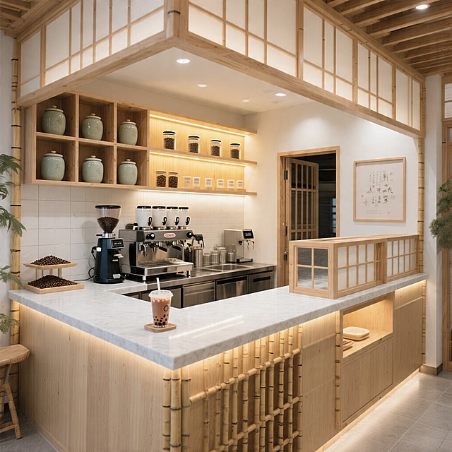 新中式禅意养生风10平米饮品制作区，浅色石英石操作台，墙面做开放式木格架摆放哑光陶瓷茶叶罐和咖啡豆罐，靠墙一侧放置咖啡机和磨豆机，中间是奶茶制作区，出口侧设有推拉小木格传菜口，操作区用冷白光，陈列区用暖黄聚光灯，整体浅原木竹色，自然克制温润，新中式风格