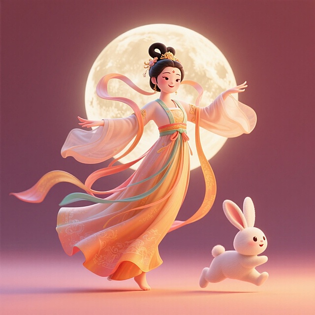 梦幻感十足的国潮风3D插画，嫦娥身着飘逸华服翩然起舞，玉兔相伴，月光映衬下光影柔和，尽显唯美与卡通感。