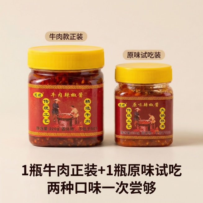 电商主图风格，浅米色背景，画面主体是1瓶牛肉辣椒酱（正装，标注“牛肉款正装”）+1瓶小规格原味辣椒酱（试吃装，标注“原味试吃装”），两者并排摆放，下方文字标注“1瓶牛肉正装+1瓶原味试吃 两种口味一次预览效果