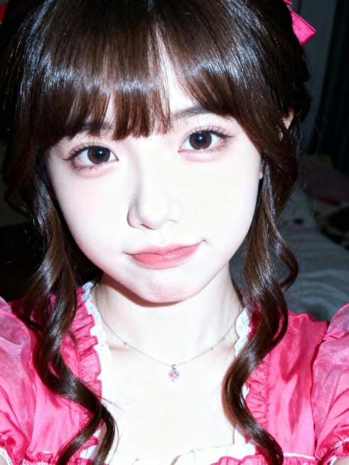 以墨明风格艺术美学呈现画面。画面中的离尘师妹模样极为可爱，有着幼态脸蛋，有着可爱无辜且眼睑下至的眼睛。她拥有深栗棕色森系卷刘海发型，发丝垂坠且轻抚泛光，瓷感白肌肤，身着艳丽色薄款洛丽塔服装，清纯动人，预览效果