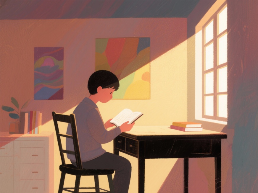 【护眼之道】室内光线要充足，阅读写作不费眼

读书看报或做手工时，确保光线从左前方照射（左撇子则从右前方），避免直接照射眼睛或在阴影下。充足柔和的光线能有效减轻眼睛疲劳。

根据以上内容，出一个插画，预览效果