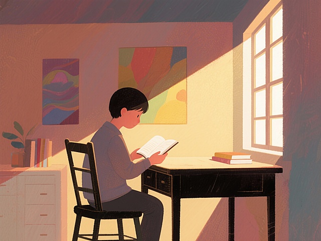 【护眼之道】室内光线要充足，阅读写作不费眼

读书看报或做手工时，确保光线从左前方照射（左撇子则从右前方），避免直接照射眼睛或在阴影下。充足柔和的光线能有效减轻眼睛疲劳。

根据以上内容，出一个插画，图上不需要文字